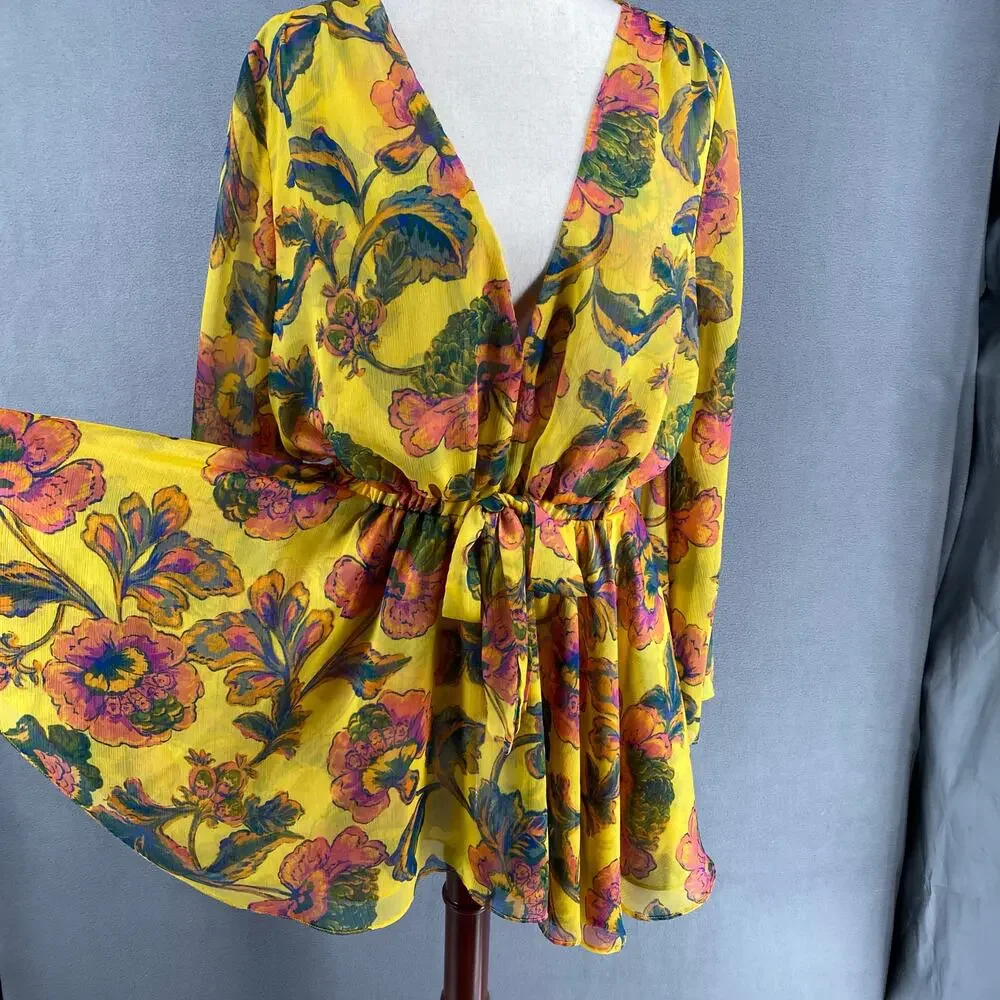 Misa Kaia Floral Chiffon Mini Dress Womens L Canary Yellow Anthropologie Revolve - Picture 6 of 16